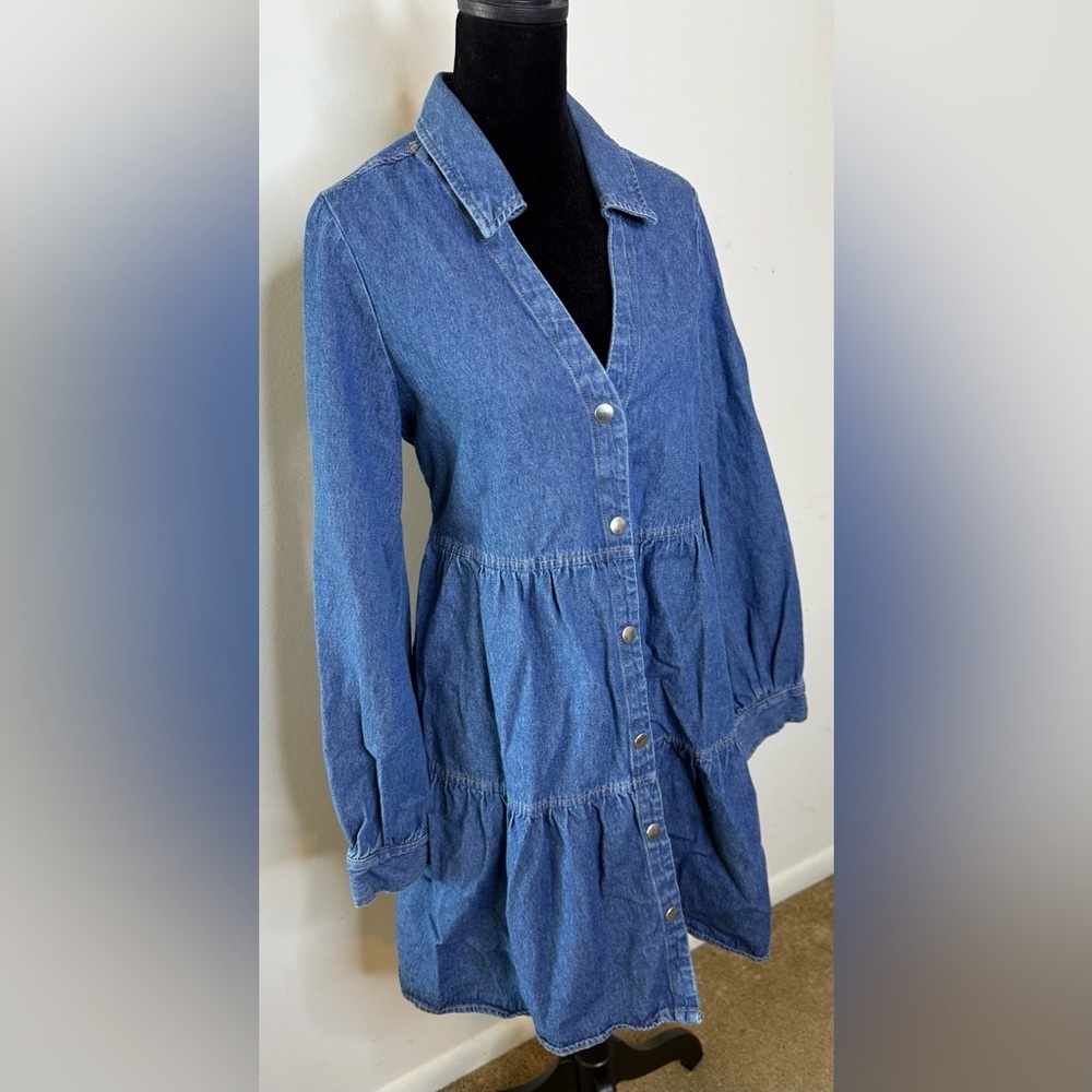 Zara denim long sleeve V neck collar tiered button front dress small EUC - Picture 3 of 8